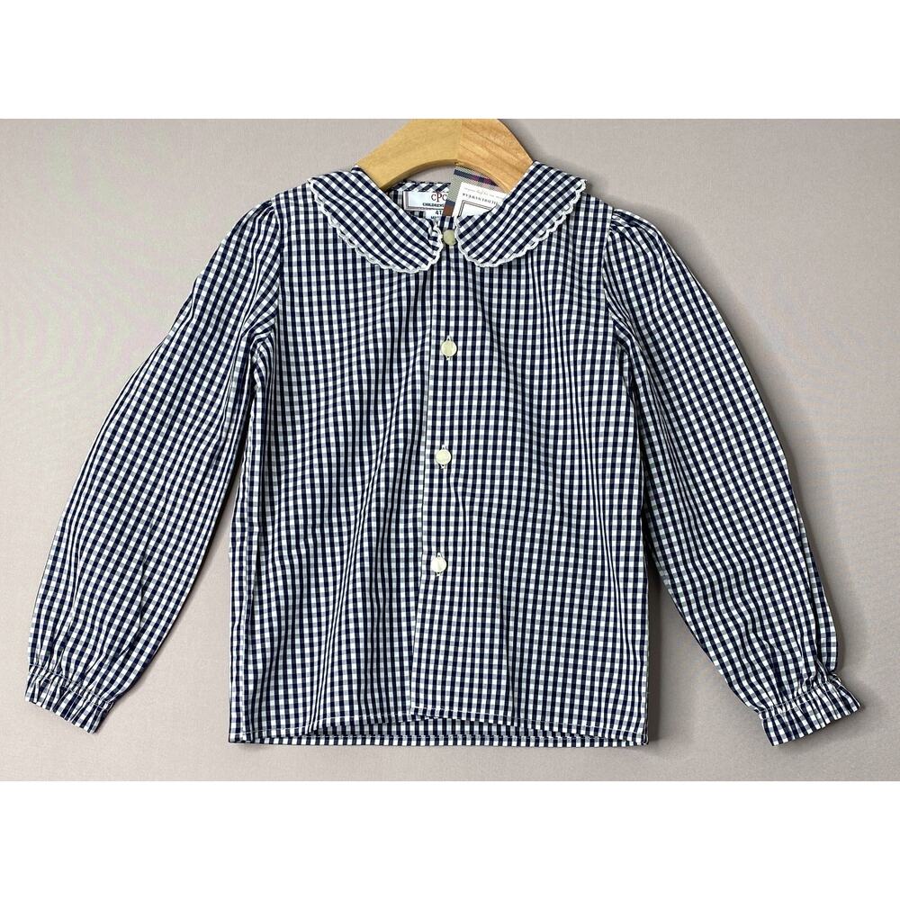 NWT Classic Prep Girls 4T Navy Blue/White Gingham Long Sleeve Shirt
